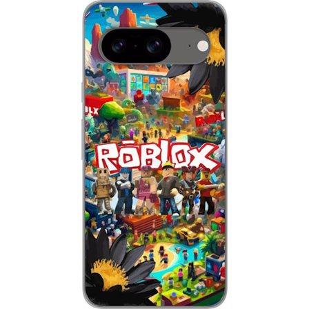 Google Pixel 8 Läpinäkyvä kuori Roblox-maailma täynnä hahmoja, rakennuksia ja seikkailuja rohkeissa väreissä, jossa hahmot poseeraavat logon ed