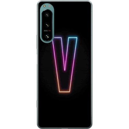 Yhteensopiva Puhelinkuori Sony Sony Xperia 5 IV Neonkirjain V värikoodattu valossa mustaa taustaa vasten, minimalistinen muotoilu selkeällä hehkull