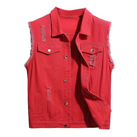 Herr Casual Ripped Denim Väst Klassisk Trucker Button Down Sleeveless Jean Väst -HG Röd Ed XL