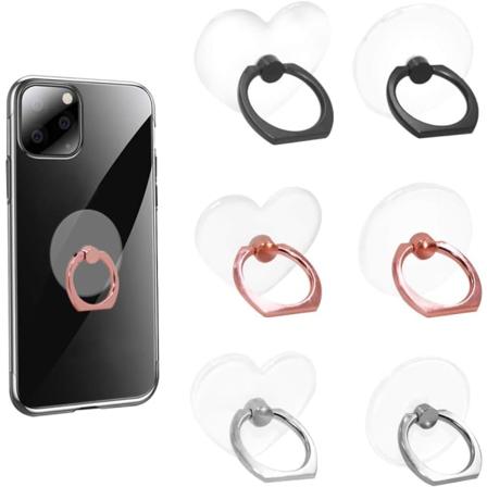 6 st transparenta mobiltelefonringhållare, runda och hjärtformade 360 graders rotation universell ringgrepphållare