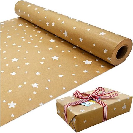 15 m rull med kraftpapir med hvite stjerner, 100 % resirkulerbar ECO-gave til bursdagsgave, fest, julepynt (15 m x 43 cm)