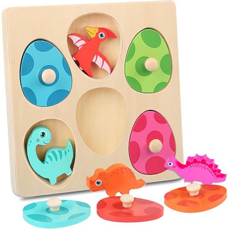 Træ Dinosaur Puslespil Til Småbørn, Montessori Baby Legetøj Finmotorisk Legetøj Til 2 3 4 Årige Drenge Piger