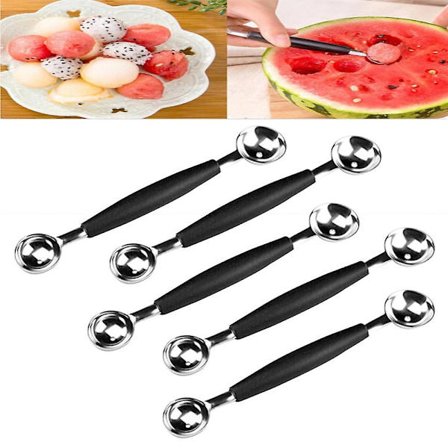 5 stk. dobbelthodede frukt- og iskremkuler, melonkuler i rustfritt stål, glatte runde melonskoper for vannmelon/iskrem/frukt/