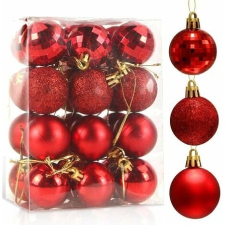 Røde julekugler, juletræspynt, plastikkugler Ø 4 cm, mat eller blank overflade, med ophængningstråd