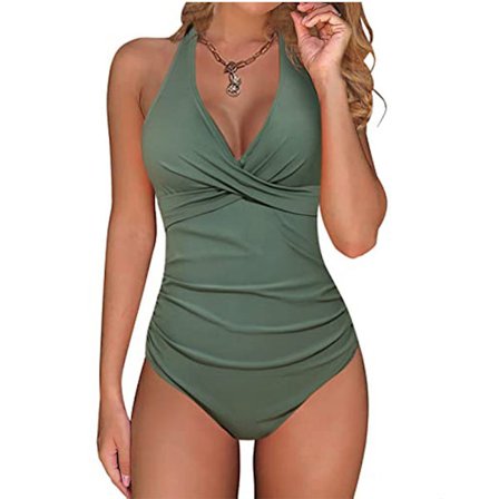 Dame dyb V-hals halter badedragt, højtaljet, rynket badedragt i ét stykke, mavekontrollerende strandbadedragt