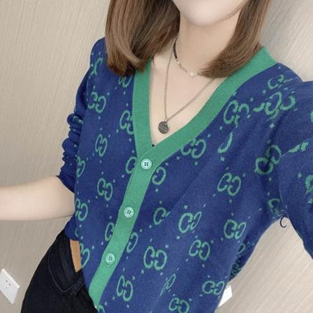 Kvinder strik efterår vinter sweater koreansk v-hals jacquard strikket cardigan ydre frakke Blue L