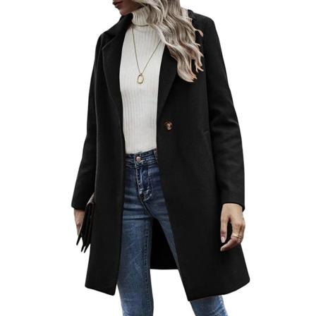 Lagdelt frakke til kvinder med uld, åben front, overlock-syninger, ensfarvet, casual jakke, farve: sort, størrelse: S