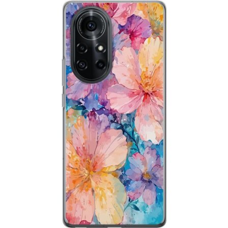Yhteensopiva Puhelinkuori Huawei Huawei nova 8 Pro Vesivärimaalaus suurilla kukilla vaaleanpunaisissa, sinisissä ja keltaisissa sävyissä pehmeäss