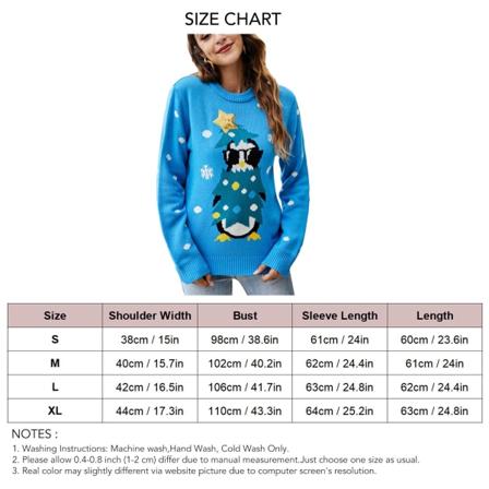 Dames juletrøje strik rund hals tegneserie dyremønstre afslappet pullover sweater blå L