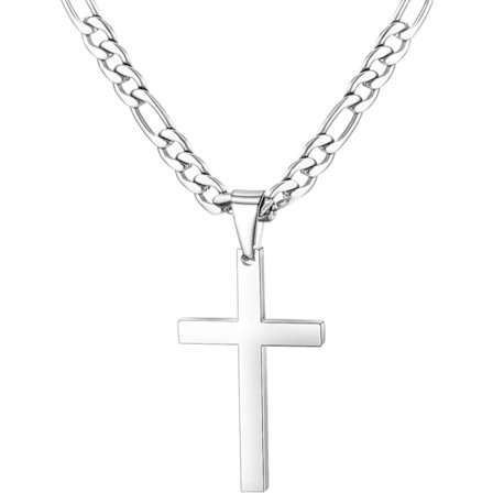 Ristiriipus kaulakoru miehille - Ruostumaton teräs, hopea, yksinkertainen risti, yksinkertaiset korulahjat, 61 cm, 3:1 Figaro-ketju, 4 mm