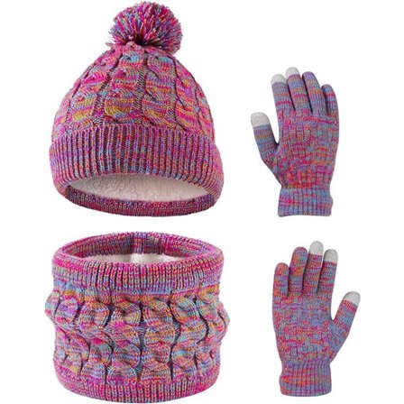 Vintersett for barn med lue, skjerf og hansker - fleecefôret skjerf - passer for gutter og jenter i alderen 5-10 år - rosa
