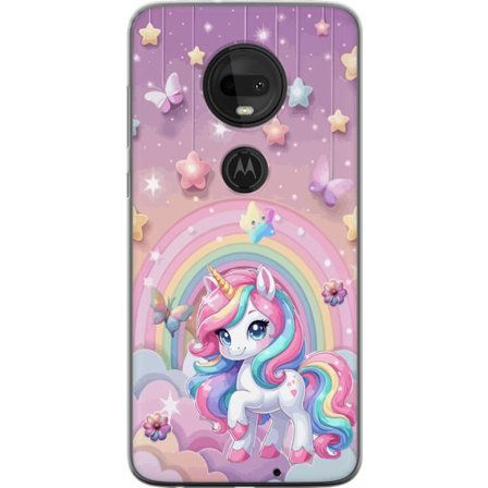 Kompatibel Mobilcover til Motorola Moto G7 Magisk enhjørning med regnbue manke, stjerner og sommerfugle mod en pastelfarvet himmel med skyer