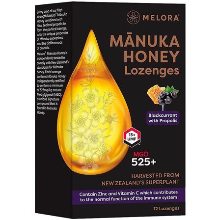 Melora Manuka Honey & Propolis Lozenges Blackcurrant 12 stk., Medicin & Pleje, Ondt i Halsen, Halspastiller