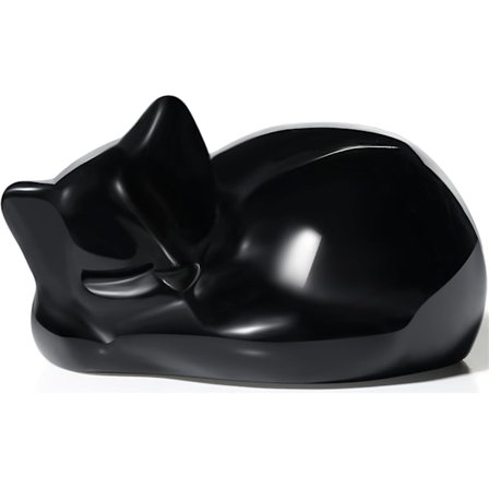 Svart Obsidian Kattestatue, Håndskåret Sovende Kattunge - Krystall Dyrefigur for Skrivebordsdekor & Reiki Energi