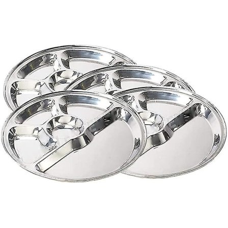 Set med 4 rostfria stål, fem fack rund tallrik, Thali, smutsbricka, mattallrik