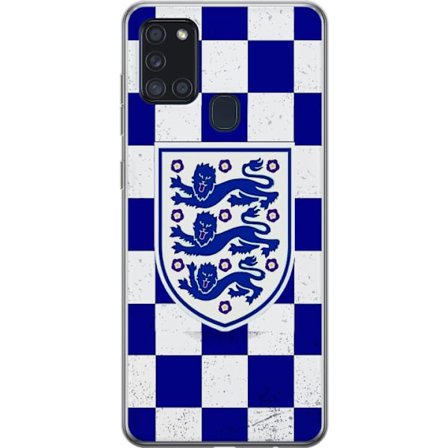 Yhteensopiva Puhelinkuori Samsung Samsung Galaxy A21s Graafinen shakkiruudukkokuviointi sinisellä ja valkoisella, klassisella heraldisella vaakunalla