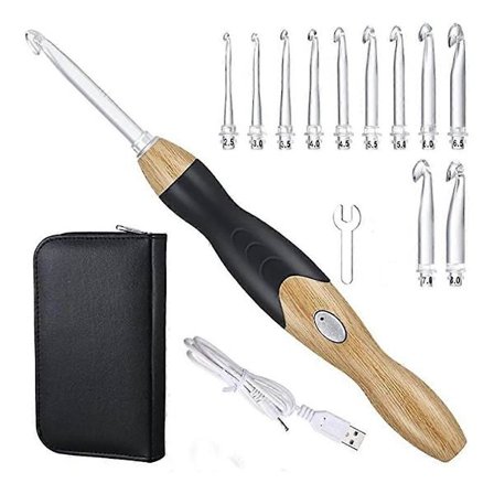 11 in 1 LED Virkkuukoukkusetti, 9 in 1 USB Ladattavat Valolliset Virkkuukoukut Käsinkudontaompelutyökalut