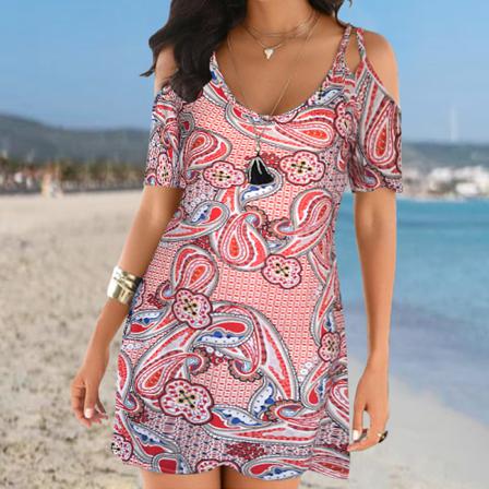 Bohemia Print Kortärmad V-hals Camisole Knälång Mini Dr