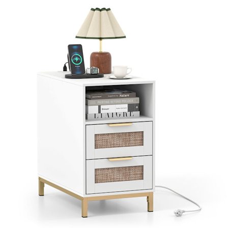 Yöpöytä latausasemalla ja 2 laatikolla, rottinkia ja puuta