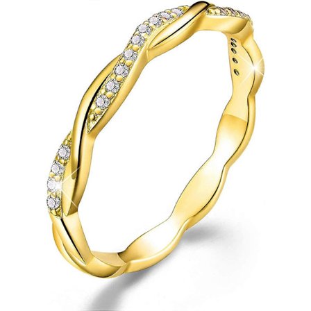 18K Guldförgylld 925 Sterling Silver Twist Ring Band Kubisk Zirkonia Stackbara Ringar CZ Simulerad Diamant Evighetsband Förlovnings- och Vigselringar 
