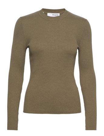 Slflydia New Rib Ls Knit O-Neck B Langærmet T-shirt Brun Selected Femme