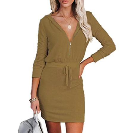 Kvinnor Zip V-hals Bodycon Klänning Dam Långärmad Hooded Casual