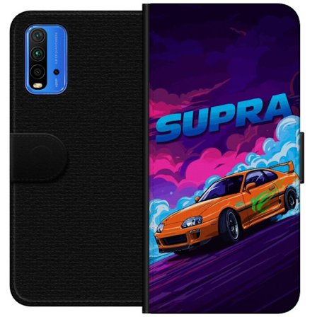 Yhteensopiva Lompakkokotelo Xiaomi Redmi Note 9 4G Toyota Supra driftaamassa neonvärisellä savulla, nopeuden tunteella ja yöllisessä katukilpailuy