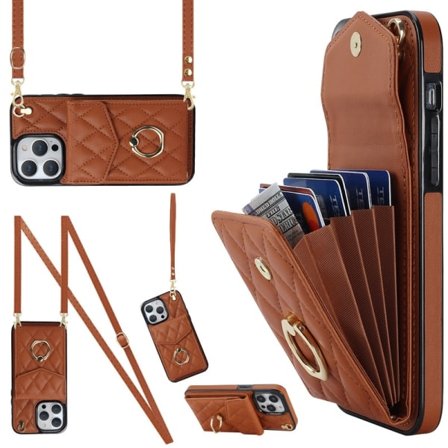 Wallet Case med Kortholder Vattert Deksel for iPhone 15/14/13Pro Max Brun iPhone15