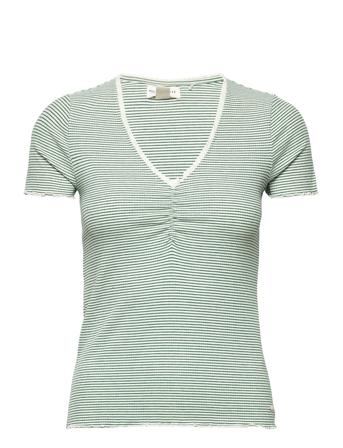 Top Vanessa Rib And Stripe T-shirt Top Grøn Lindex