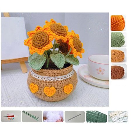 Crochet Kit Flower Crochet Kit SOLBLOMMA EN SOLROSA I KRUKA A
