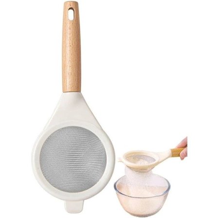 1 stk. Mjølsikt i rustfritt stål med trehåndtak, melis, soyamelk, skumfilter, finmasket sil, kjøkkenredskap