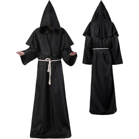 Unisex Vuxen Medeltida Kåpa Kostym Munk Huvad Kåpa Kappa Friar Präst Trollkarl Halloween Tunika Kostym 3 delar Black X-Large