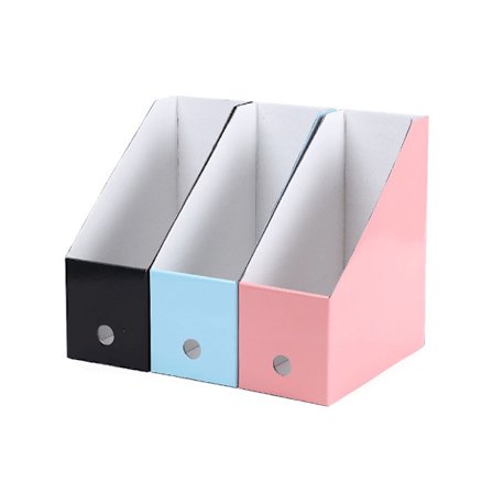 3-pakkaus taitettava pahvinen lehtiteline tarroilla, toimistohyllyille,