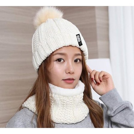 Strikket hue, opvarmet strikhue med fleeceforet tørklæde, vinter B