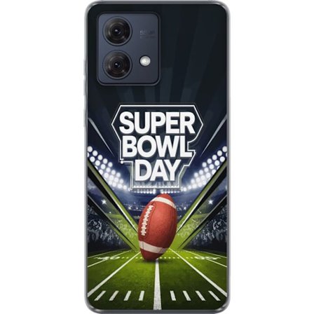 Kompatibel Mobilcover til Motorola Moto G84 Super Bowl Day plakat med amerikansk fodbold på oplyst arena i dramatisk sportsdesign