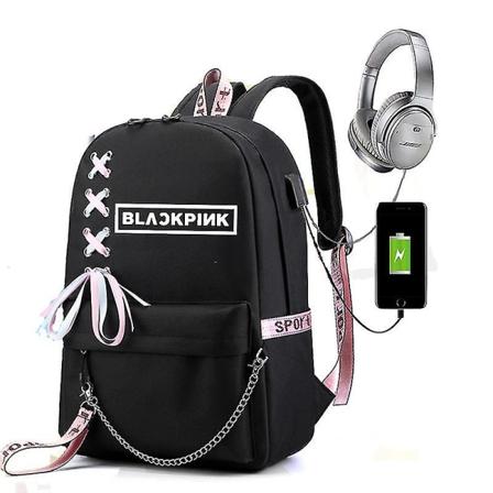 Svartrosa Park Chaeyoung Lisa Kim Jisoo Samma Ryggsäck Kvinnlig Student Skolväska Koreansk Version Usb Laddning Black upper webbing3