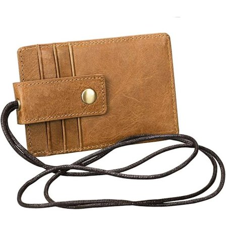 RIFD ID-kortholder med snor i mykt skinnhalsbånd for stående kredittkort (lys brun)