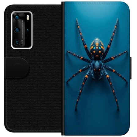 Kompatibelt Plånboksfodral till Huawei Huawei P40 Pro Dramatisk makroillustration av exotisk spindel i blått och orange mot minimalistisk bakgrund.
