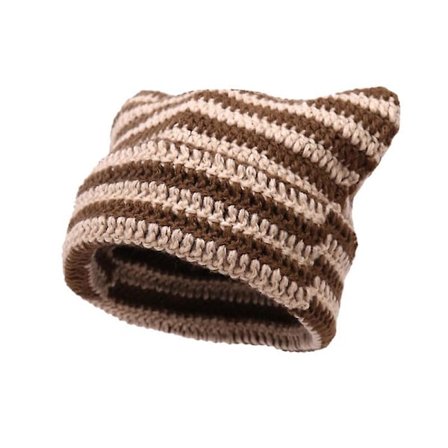 Randig mössa med kattöron kvinnor kontrast söt djävulshorn hatt flickor handgjord virkning vinter varm skidmössa (1 st)