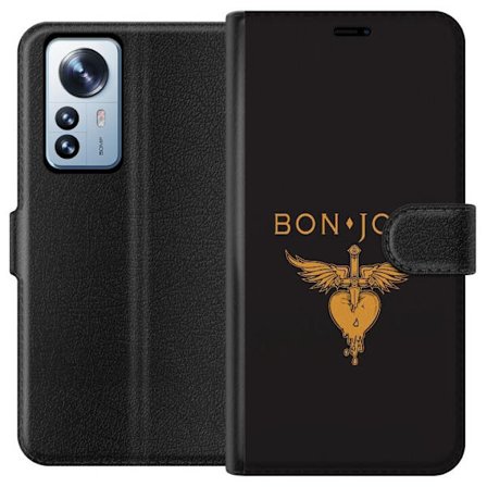 Kompatibelt Plånboksfodral till Xiaomi Xiaomi 12 Pro Ikonisk musikillustration med bevingat hjärta och dolk i guldtoner på mörk bakgrund, kraftful