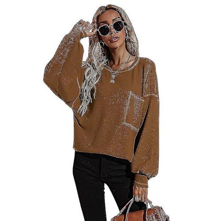 Damtröja med rund hals Våffelstickade toppar Långa puffärmar Casual blusar med ficka