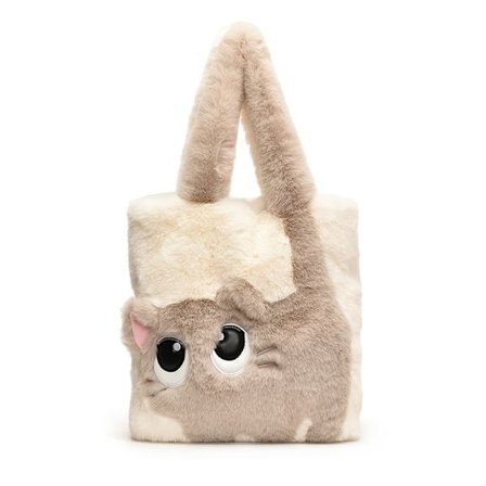 Stor Tote Bag for Kvinner i Plysj med Søt Tabby Katteansikt og Brun/