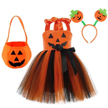 Halloween-kostyme for jenter, gresskarprinsesse, med pannebånd og vesker for fotoshoot, 2-8 år XL