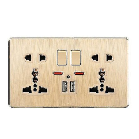 Multifunktionellt brittiskt 13A vägguttag med tryckknapp, 2.1A dubbla USB-laddningsportar, trehåls tvåhåls vägguttag för hemmet med knapp guld