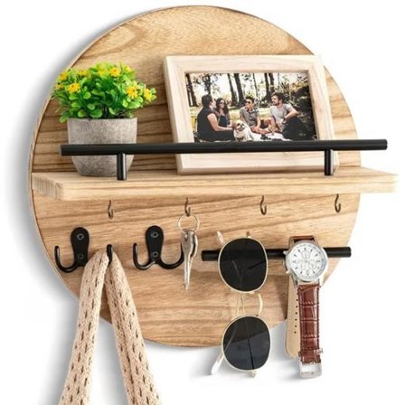 Seinäavainteline hyllyllä, puinen avainteline – pyöreä, avainten säilytystaso, rustiikkinen, vaaleanruskea