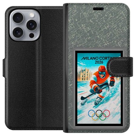 Kompatibelt Lommeboketui til Apple iPhone 16 Pro Max Curlingillustrasjon med spillere og stein på is, Milano Cortina 2026, snøsprut og olympiske ringe