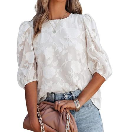 Bubble Sleeve Chiffong Loose Top Shirt med blommig textur White XXL