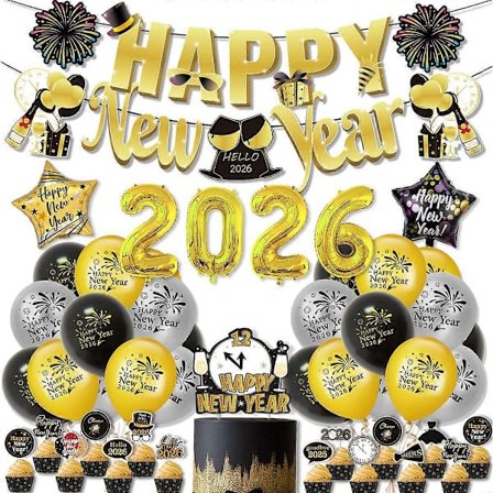 Uudenvuoden 2026 teemaiset juhlakoristeet: Kultainen ilmapallosetti lippujen ja kylttien kanssa