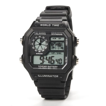 Digitalt herreur med multifunktionelt design, dobbelt tidszone, kronograf, stopur, nedtællingstimer, alarm med EL-lys og datovisning