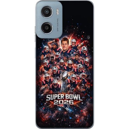 Yhteensopiva Puhelinkuori Motorola Moto G05 Super Bowl 2026 juliste, jossa New England Patriots ja NFL-mestaruuspalkinto räjähtävän urheilullisessa su